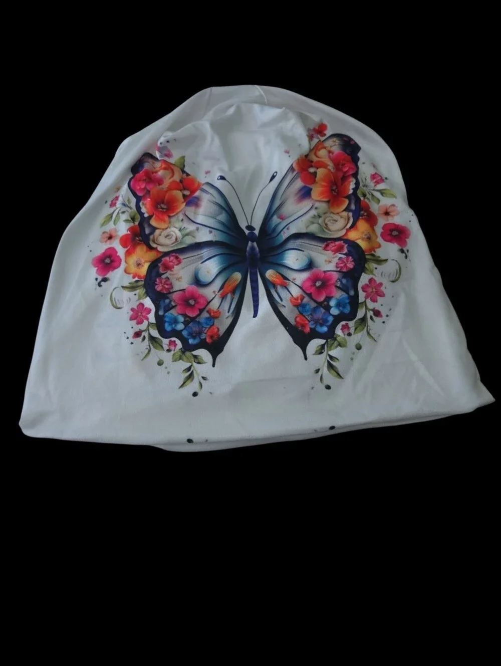 Source Unknown White Beanie Hat with Colorful Butterfly Floral Print